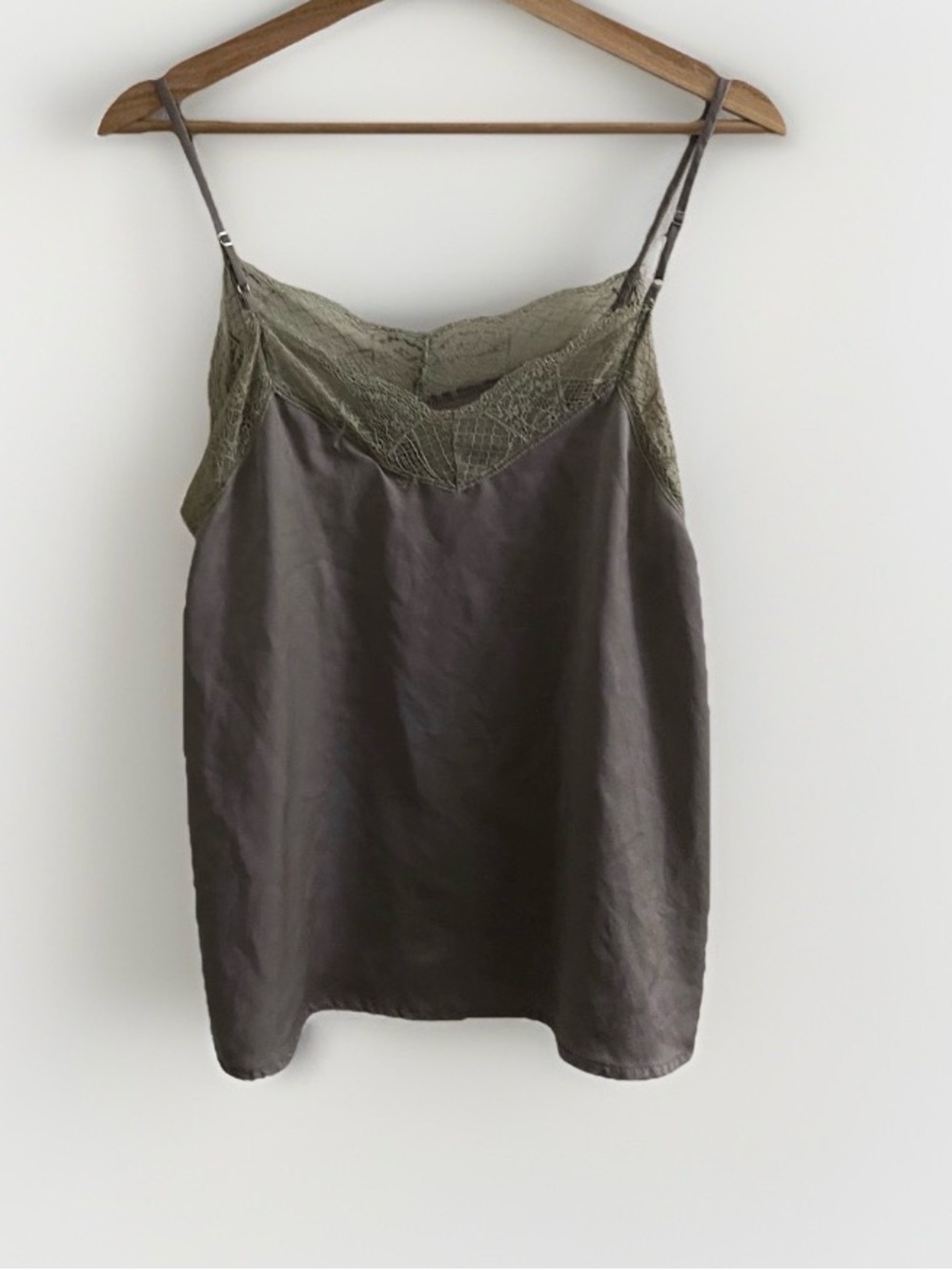 Active USA Olive Green Charcoal Gray Lace Trim Cami Top Faux Silk Preppy Chic